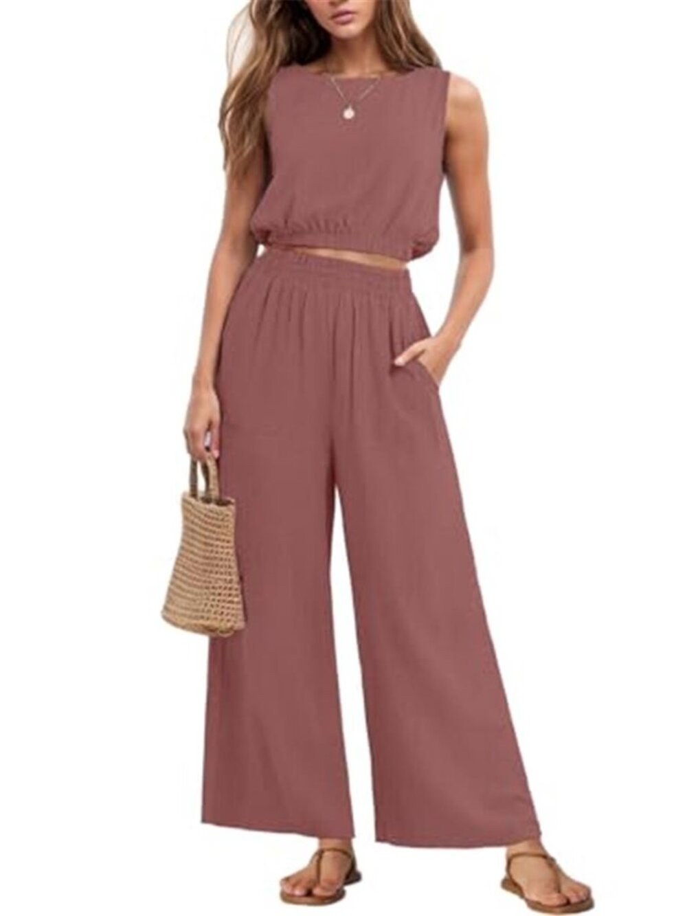 Rust Red Sleeveless Crop Top Wide Leg Pants Two Piece Set Summer Lounge Outfit
